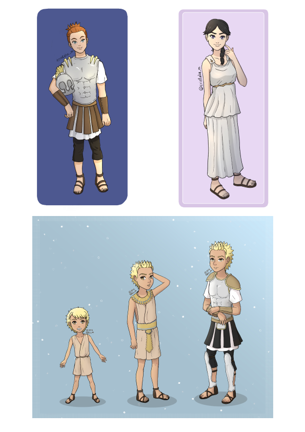 Diseño de 2 adultos y un niño en 3 etapas de su vida, los 3 ambientados en la edad antigua