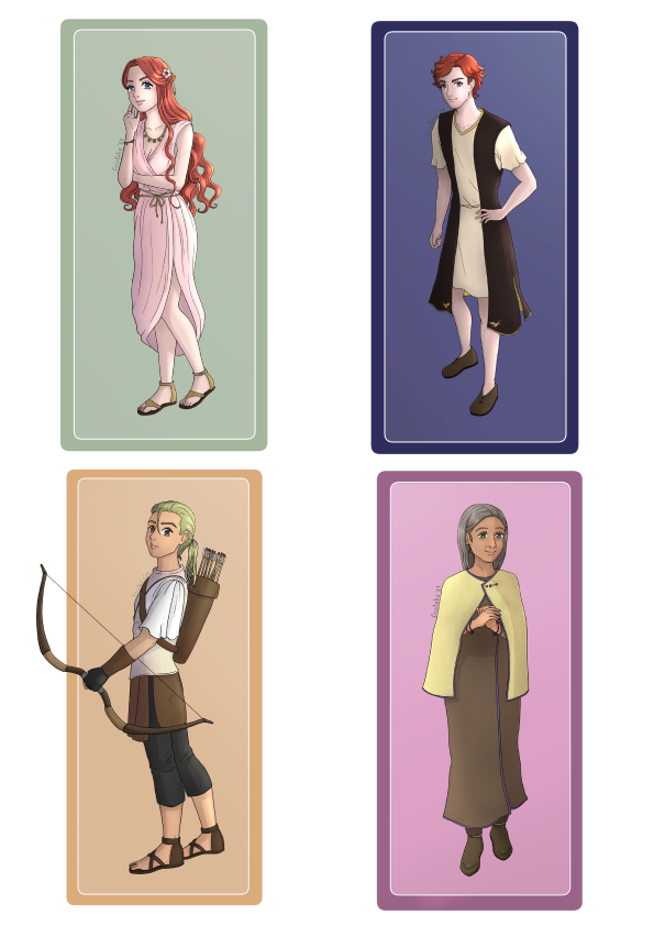 Diseño de 2 adultos, un adolescente arquero y una señora mayor, los 4 ambientados en la edad antigua